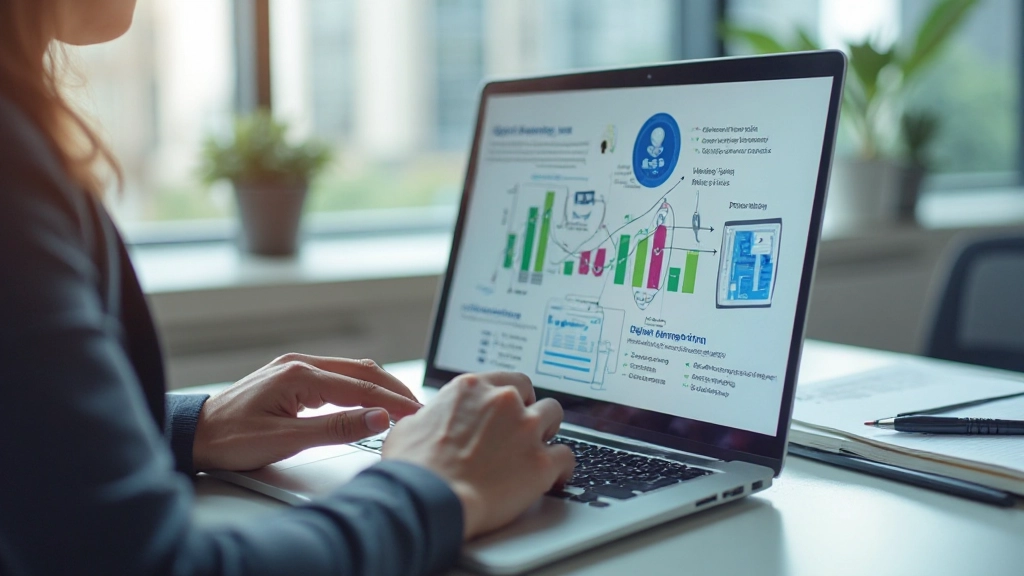 Диаграмма основных принципов цифрового маркетинга на экране ноутбука