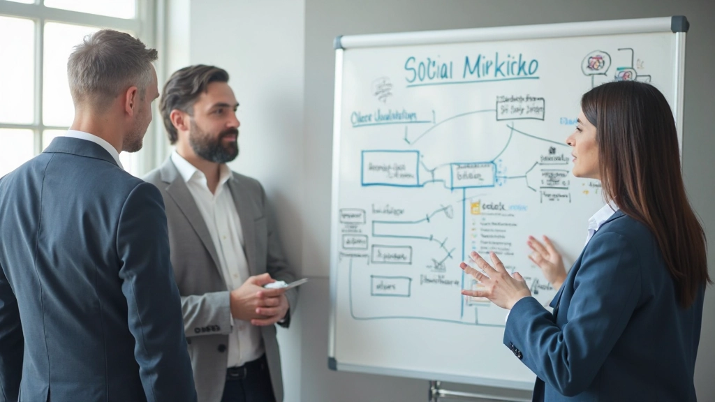 Профессиональная команда обсуждает стратегию социальных сетей у доски