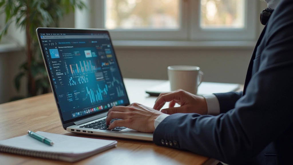 Профессиональная рабочая станция с аналитикой цифрового маркетинга на экране ноутбука